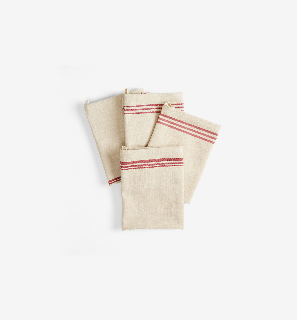 French striped linen kitchen towels with red stripes, set of four folded