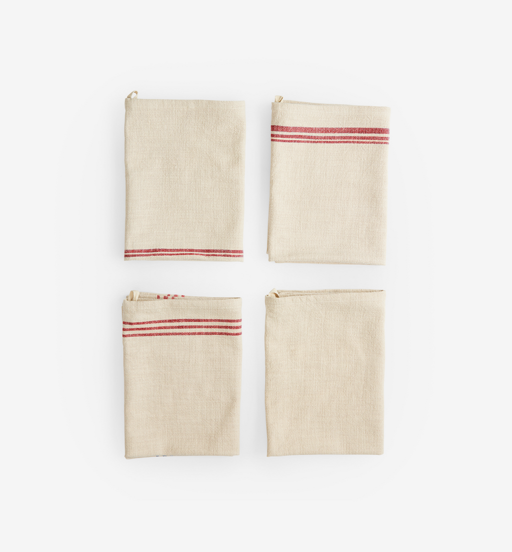 Set of 4 natural linen kitchen towels with red stripe detail