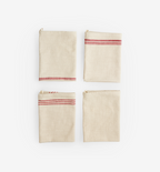 Set of 4 natural linen kitchen towels with red stripe detail