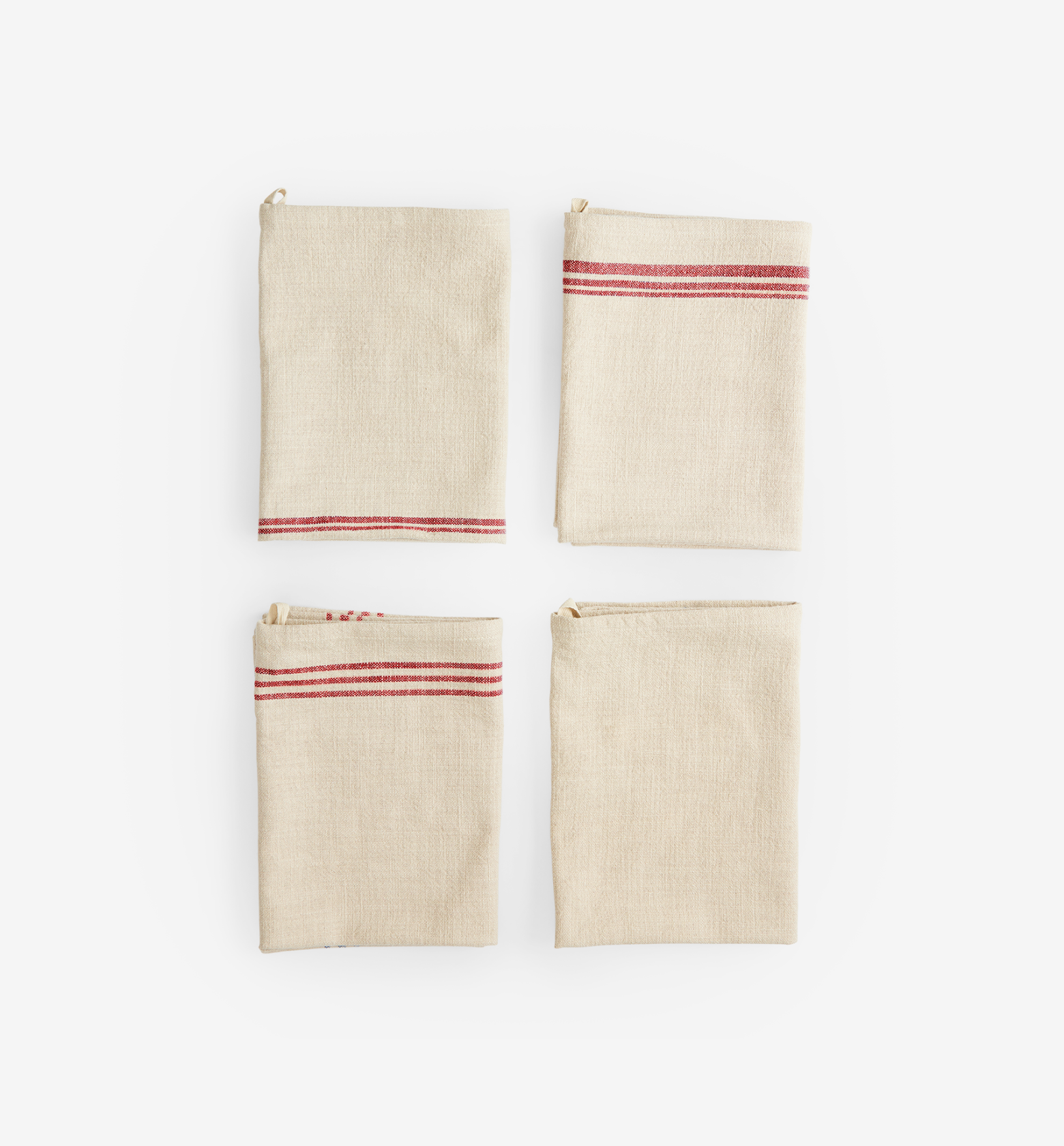 Set of 4 natural linen kitchen towels with red stripe detail
