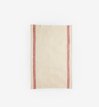 French linen kitchen towel with red stripes on cream background