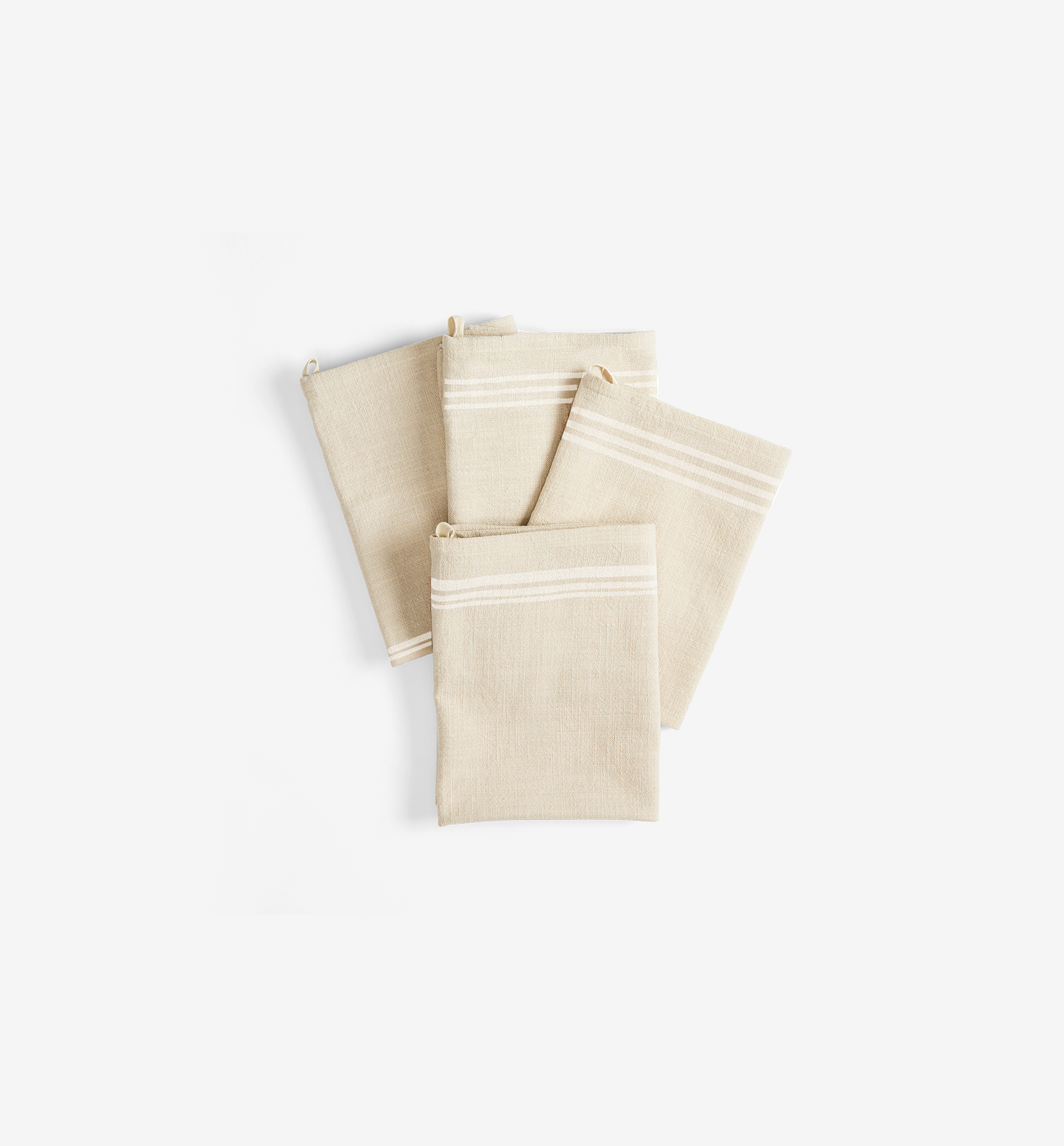 Set of four folded natural linen kitchen towels with white stripe detail