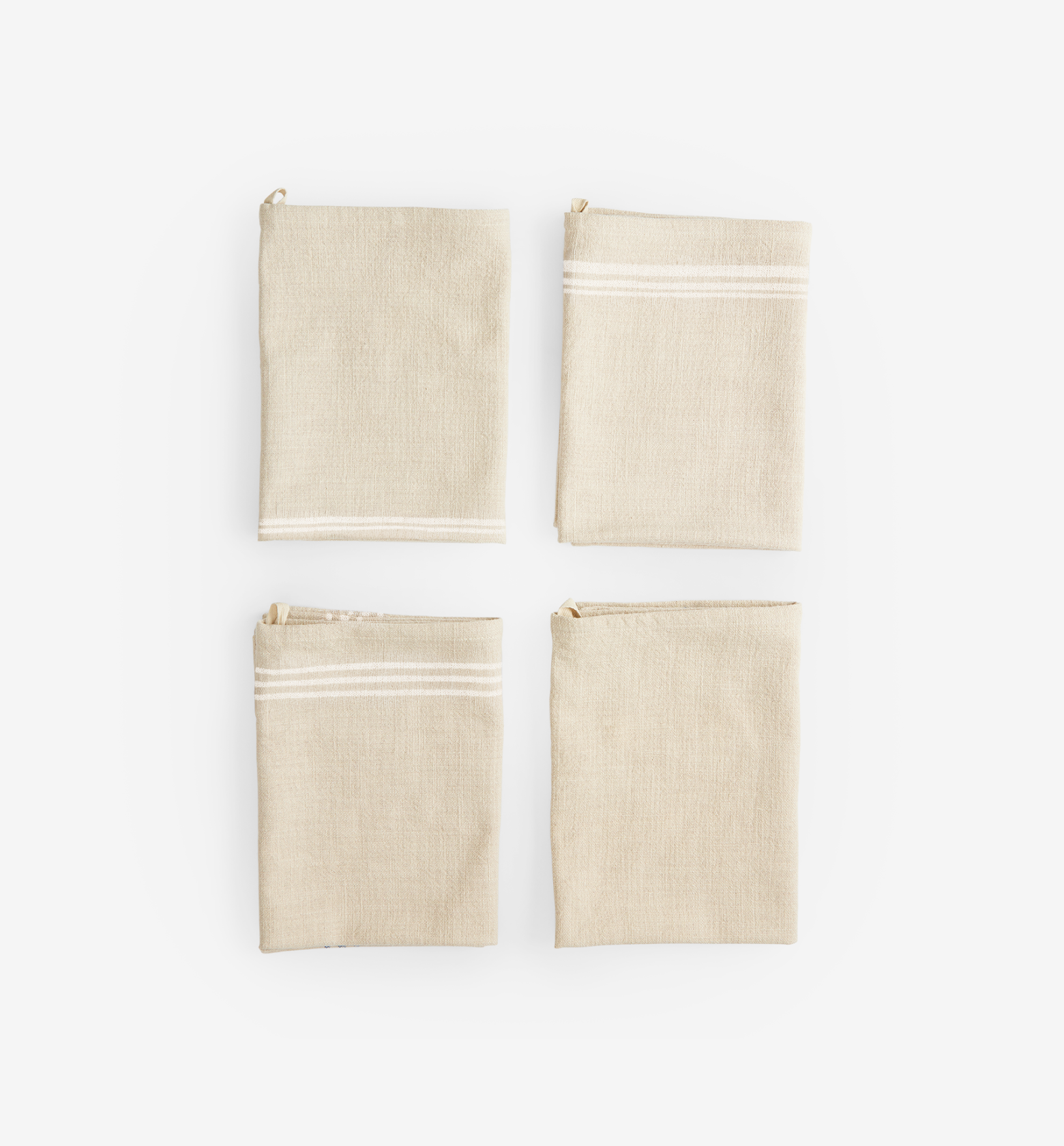 Natural linen kitchen towels with white stripe detail, set of four folded