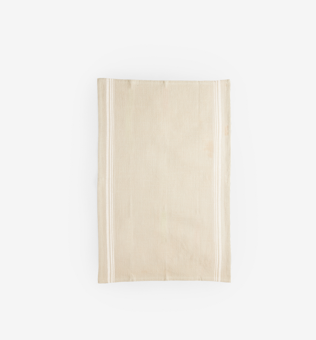 Cream linen kitchen tea towel with white stripe border