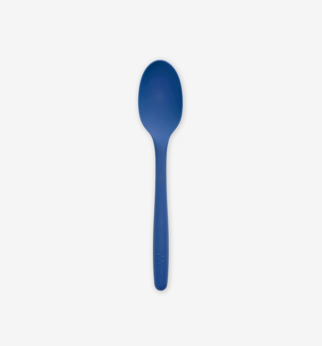 Blue silicone cooking spoon with ergonomic handle