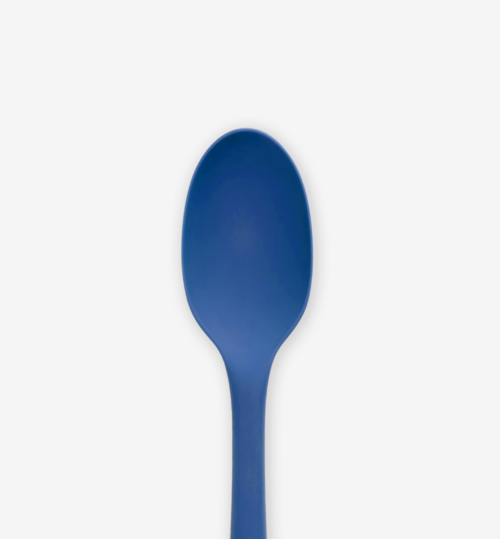 Blue silicone cooking spoon with solid bowl and long handle