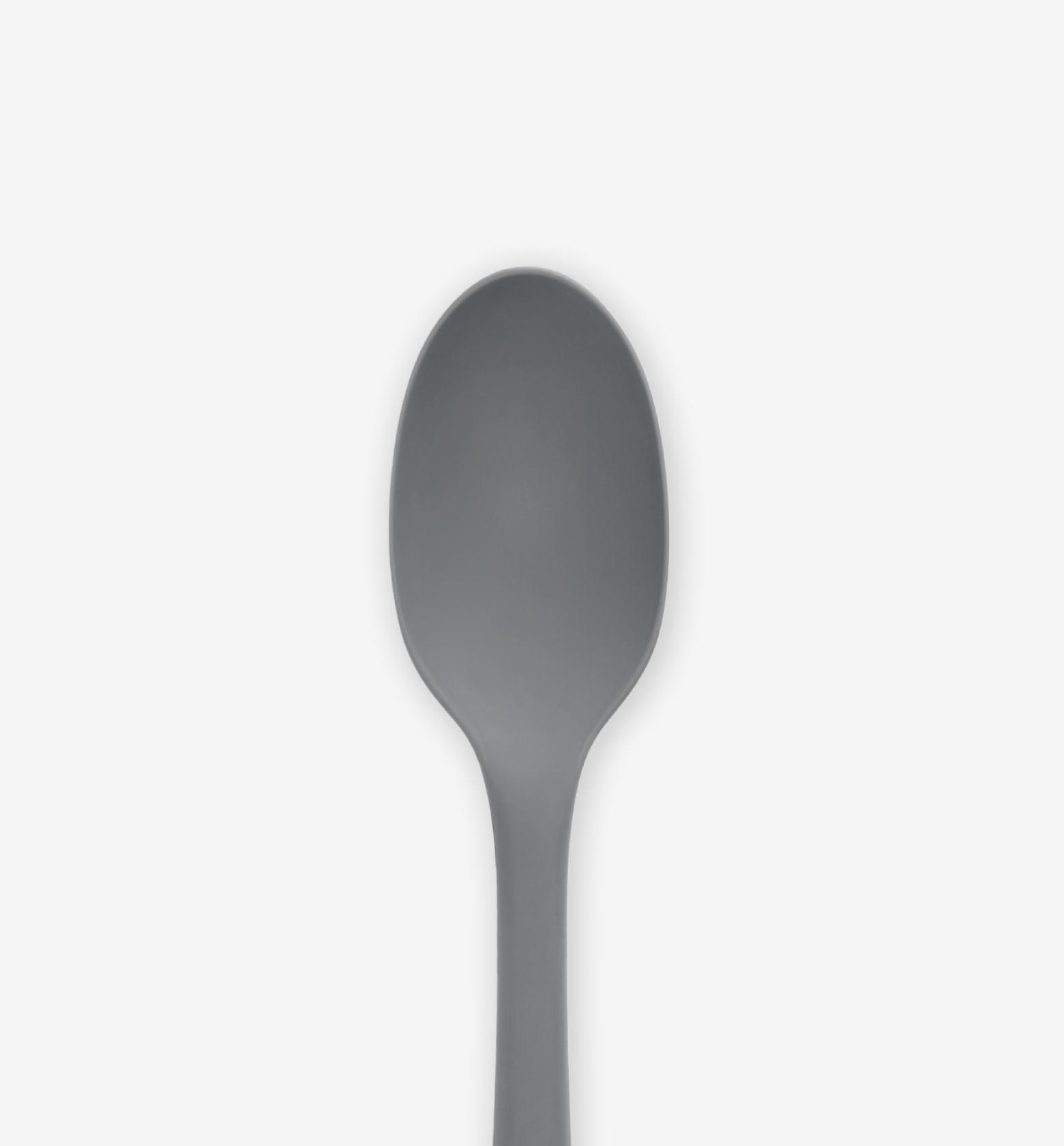 Gray silicone spoon close-up showing oval bowl and handle