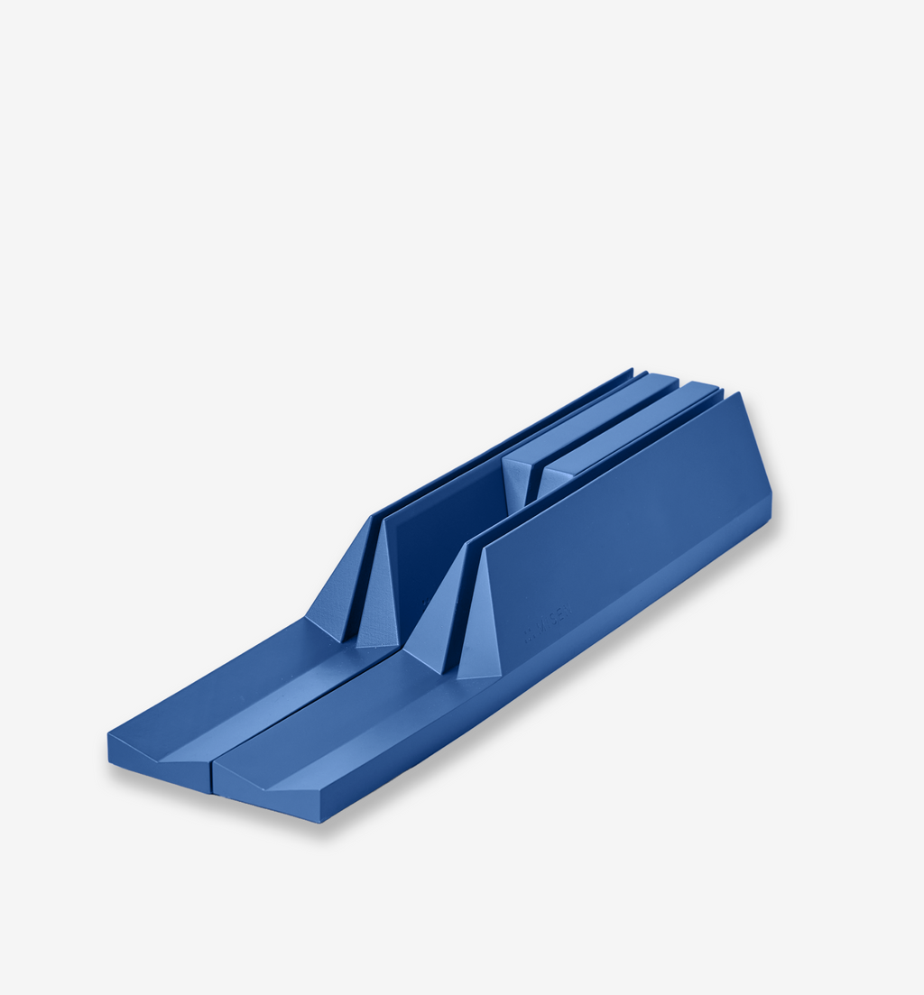 Blue matte knife block organizer with triangular dividers and parallel slots