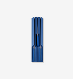 Blue knife block set with matching blue-handled kitchen knives stored vertically