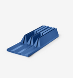 Blue aluminum desktop organizer with five angled slots for tablets and devices