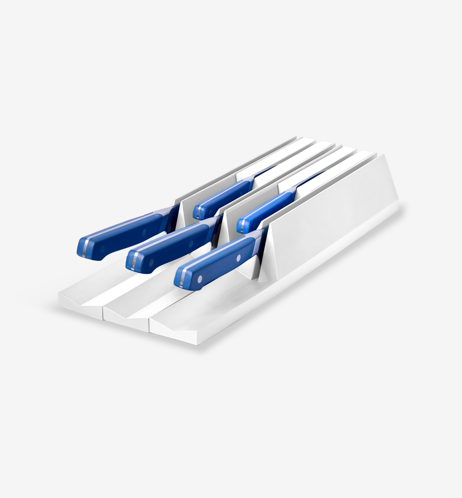 Kitchen knife drawer organizer with blue-handled knives in white slots