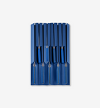 Blue knife block set with stainless steel knives and blue handles organized in slots