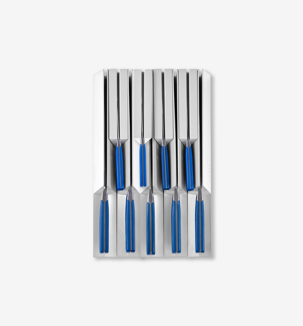 Set of knives with blue handles stored in a stainless steel knife block organizer
