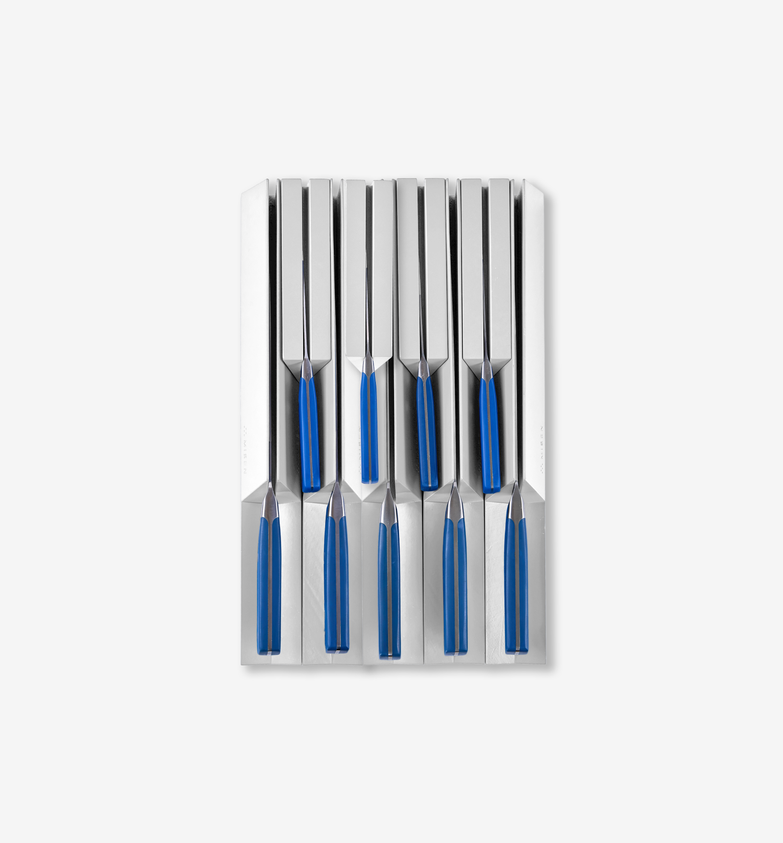 Set of knives with blue handles stored in a stainless steel knife block organizer