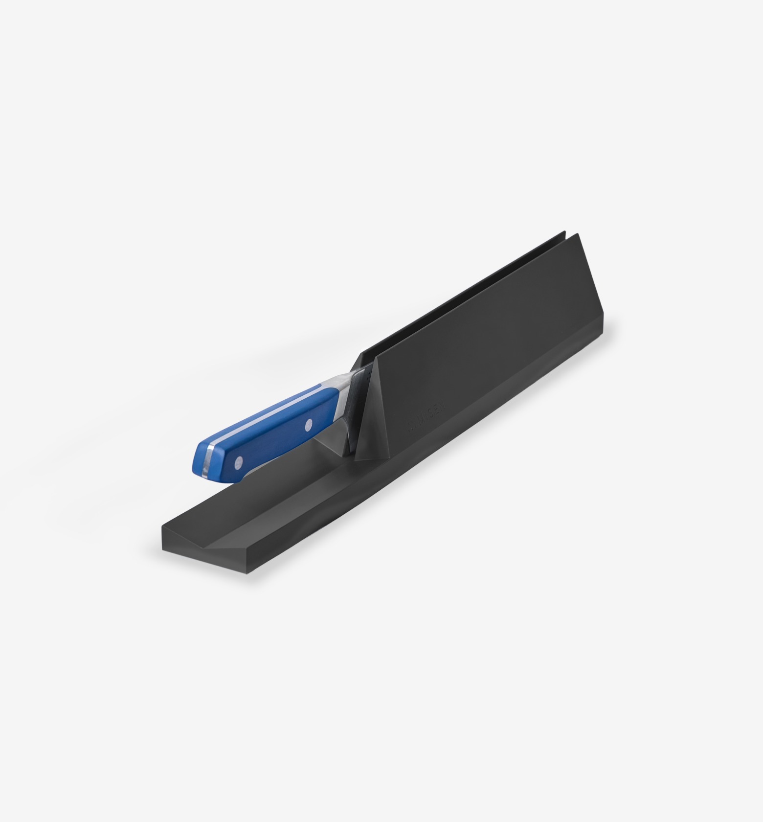 Black drawer knife storage organizer with blue-handled kitchen knife inserted in slot