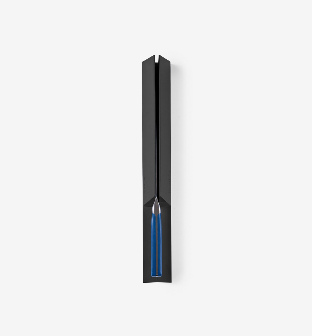 Luxury fountain pen nib in blue displayed in black pen case holder