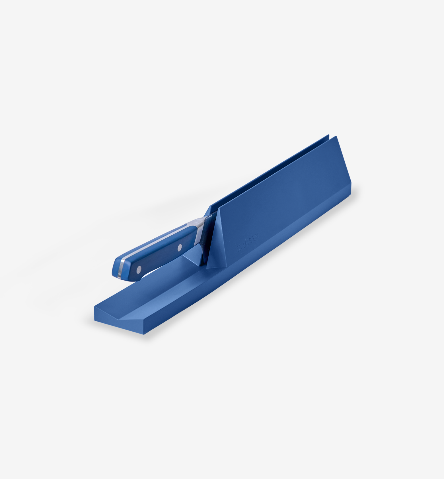 Blue knife block set with matching blue-handled kitchen knives in slot storage