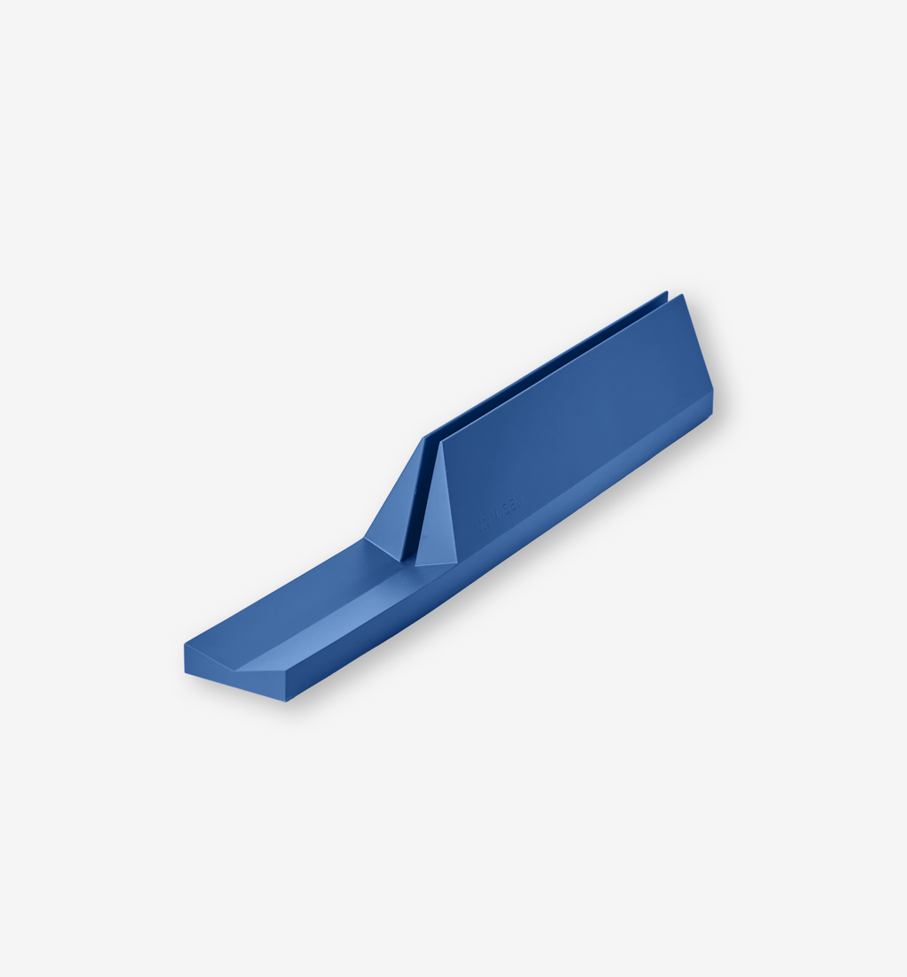 Blue aluminium desk card holder with triangular stand and slot