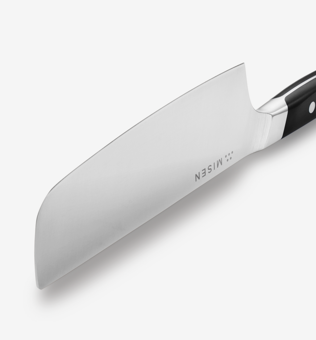 Misen santoku knife blade close-up with black handle