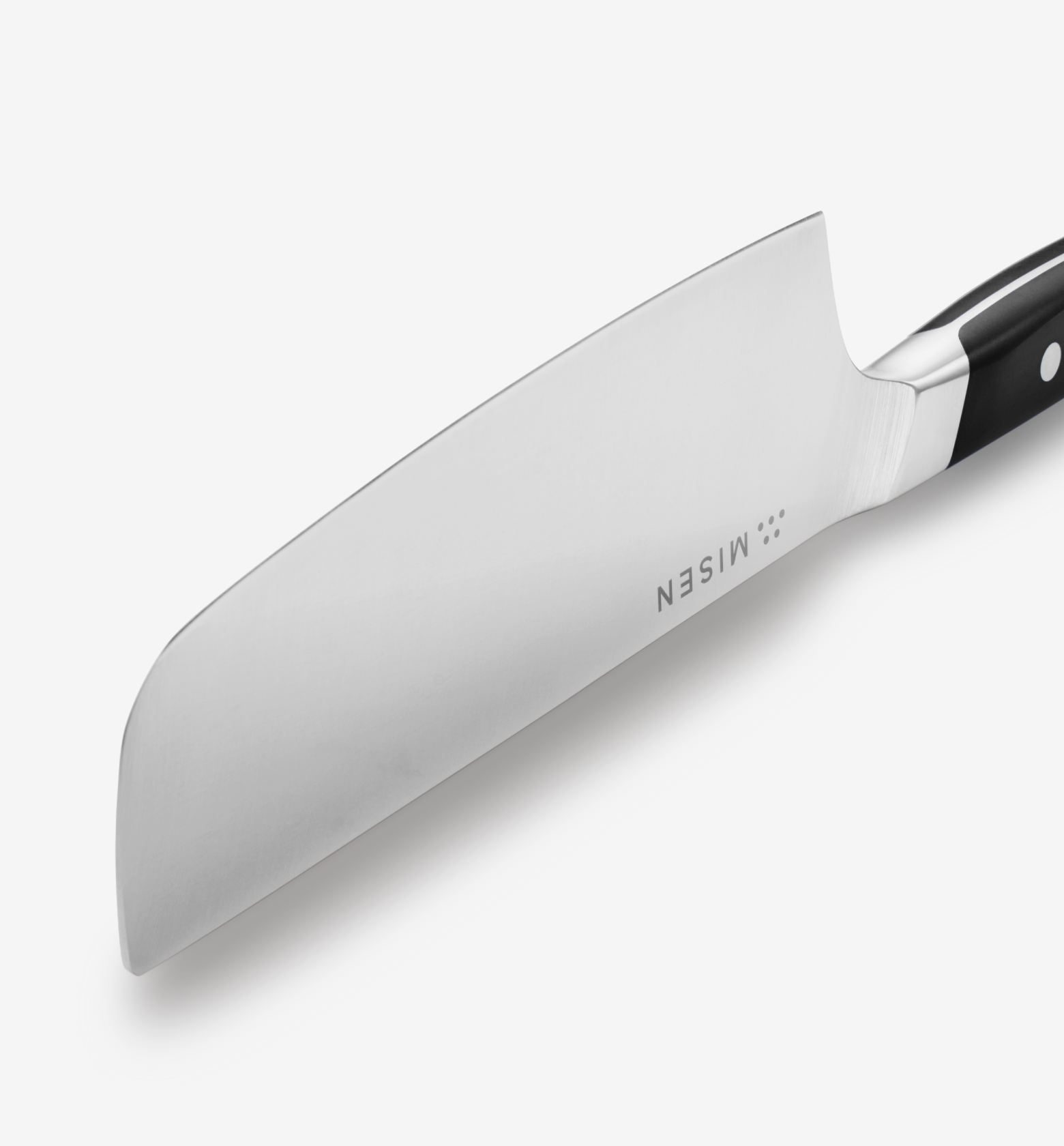Misen santoku knife blade close-up with black handle