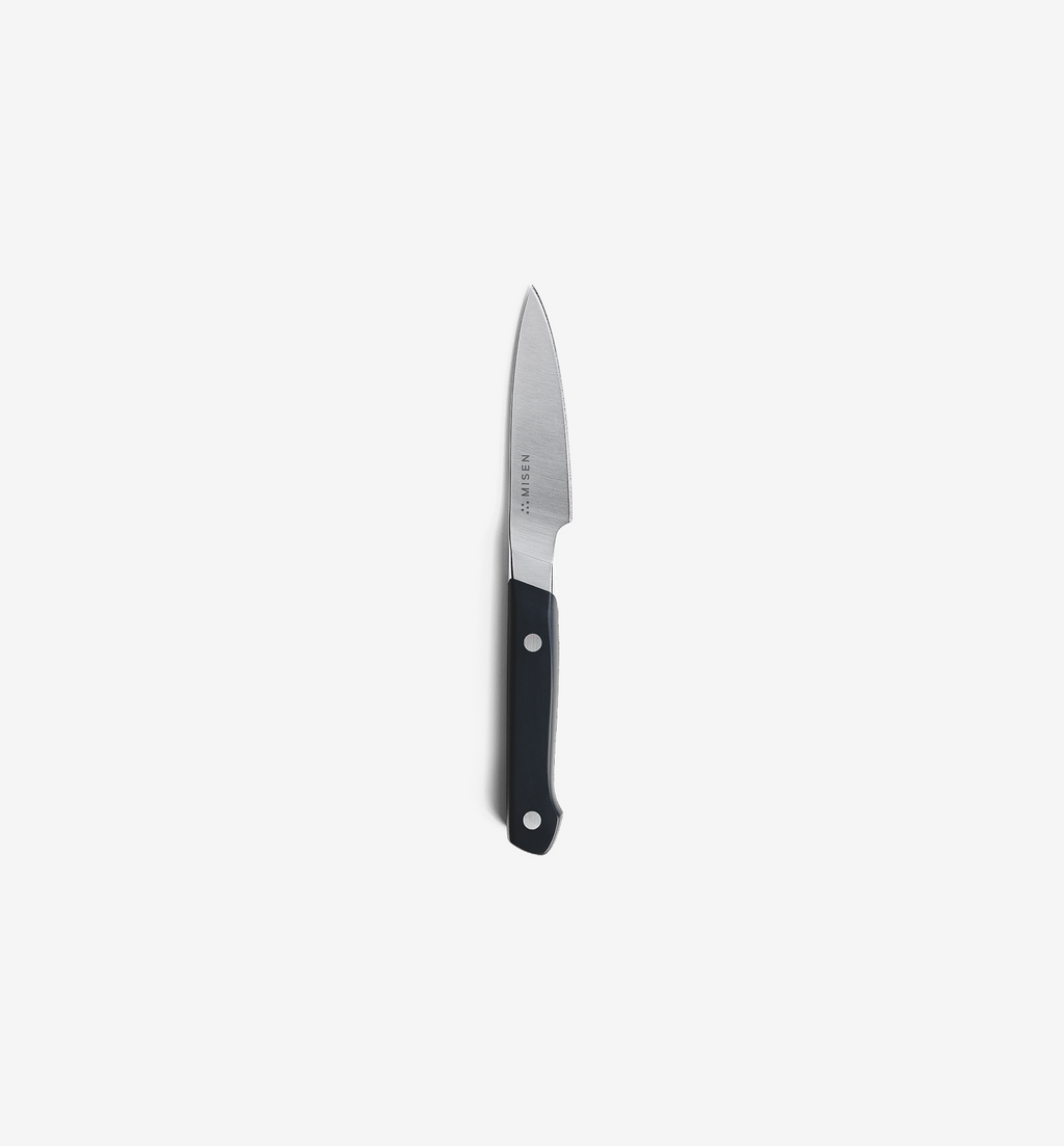 Misen paring knife with black handle and stainless steel blade