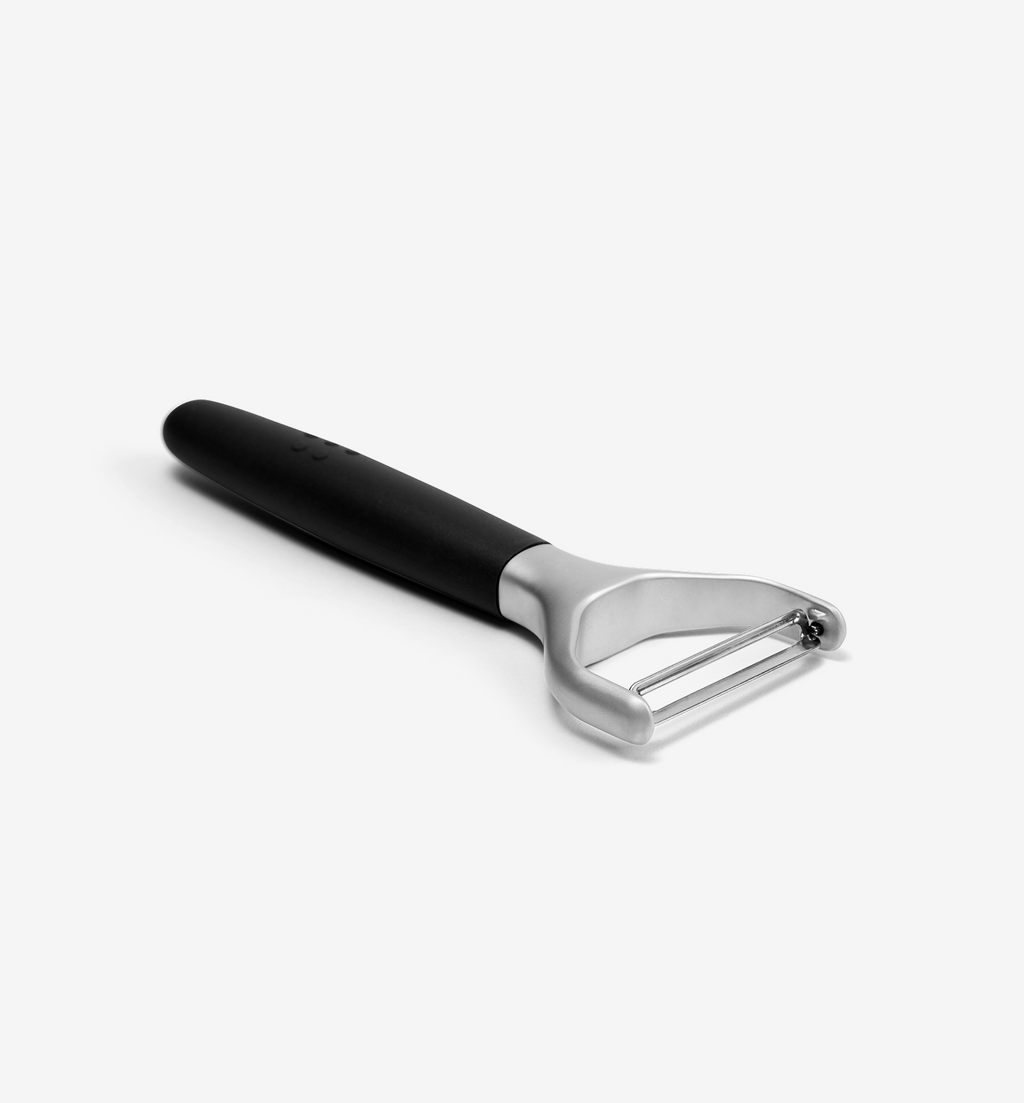 Y-peeler with black ergonomic handle and stainless steel swivel blade