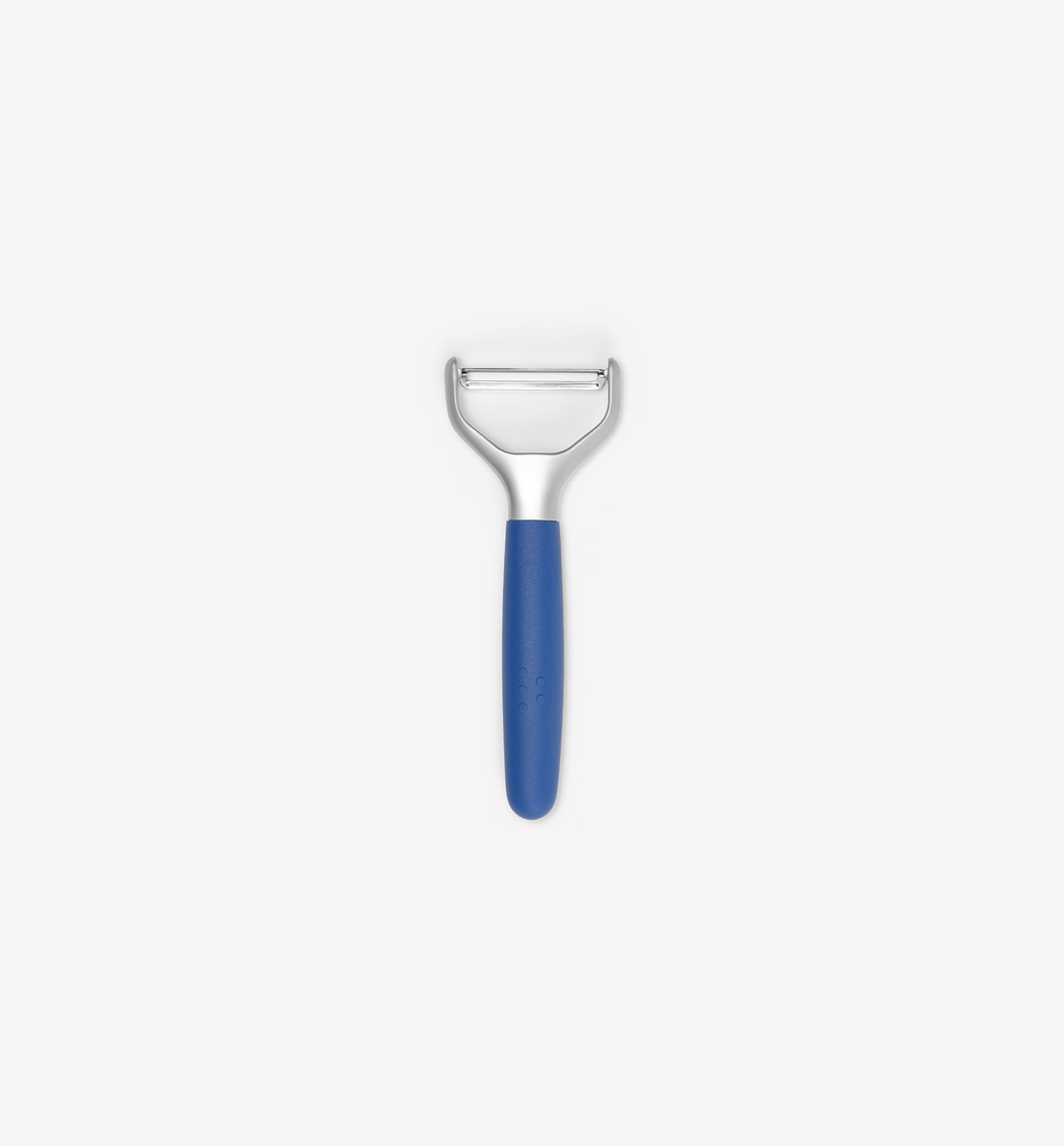 Y-peeler with blue handle and stainless steel blade for vegetables and fruit