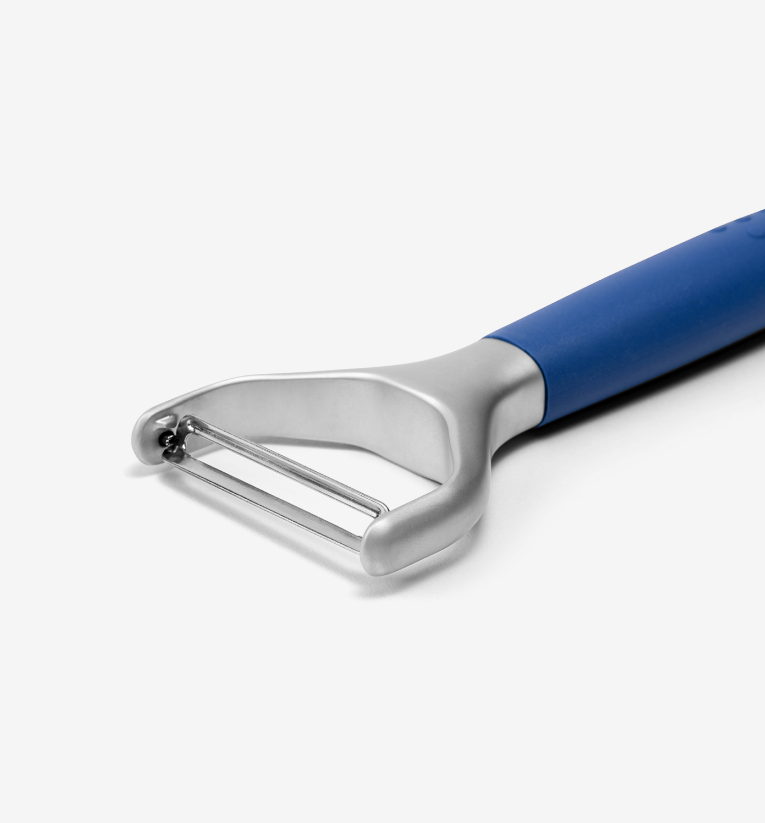 Y-peeler with blue soft-grip handle and stainless steel swivel blade