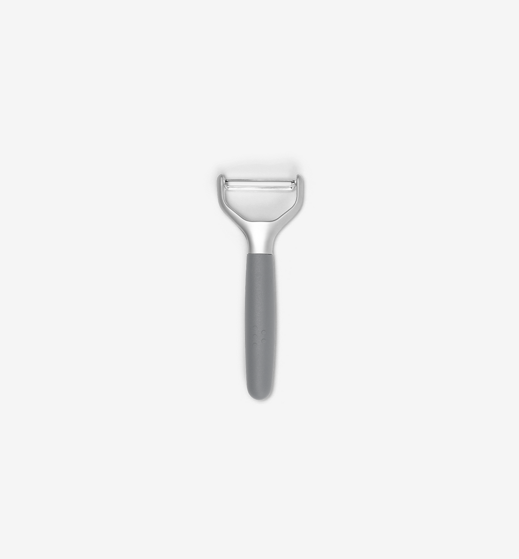 Y-peeler with stainless steel blade and gray non-slip handle