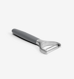 Y-peeler with gray ergonomic handle and stainless steel blade