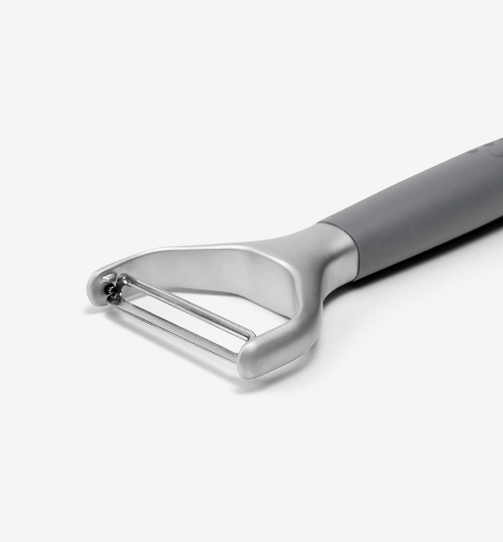 Y-shaped vegetable peeler with stainless steel blade and grey soft-grip handle