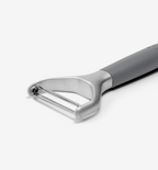 Y-shaped vegetable peeler with stainless steel blade and grey soft-grip handle