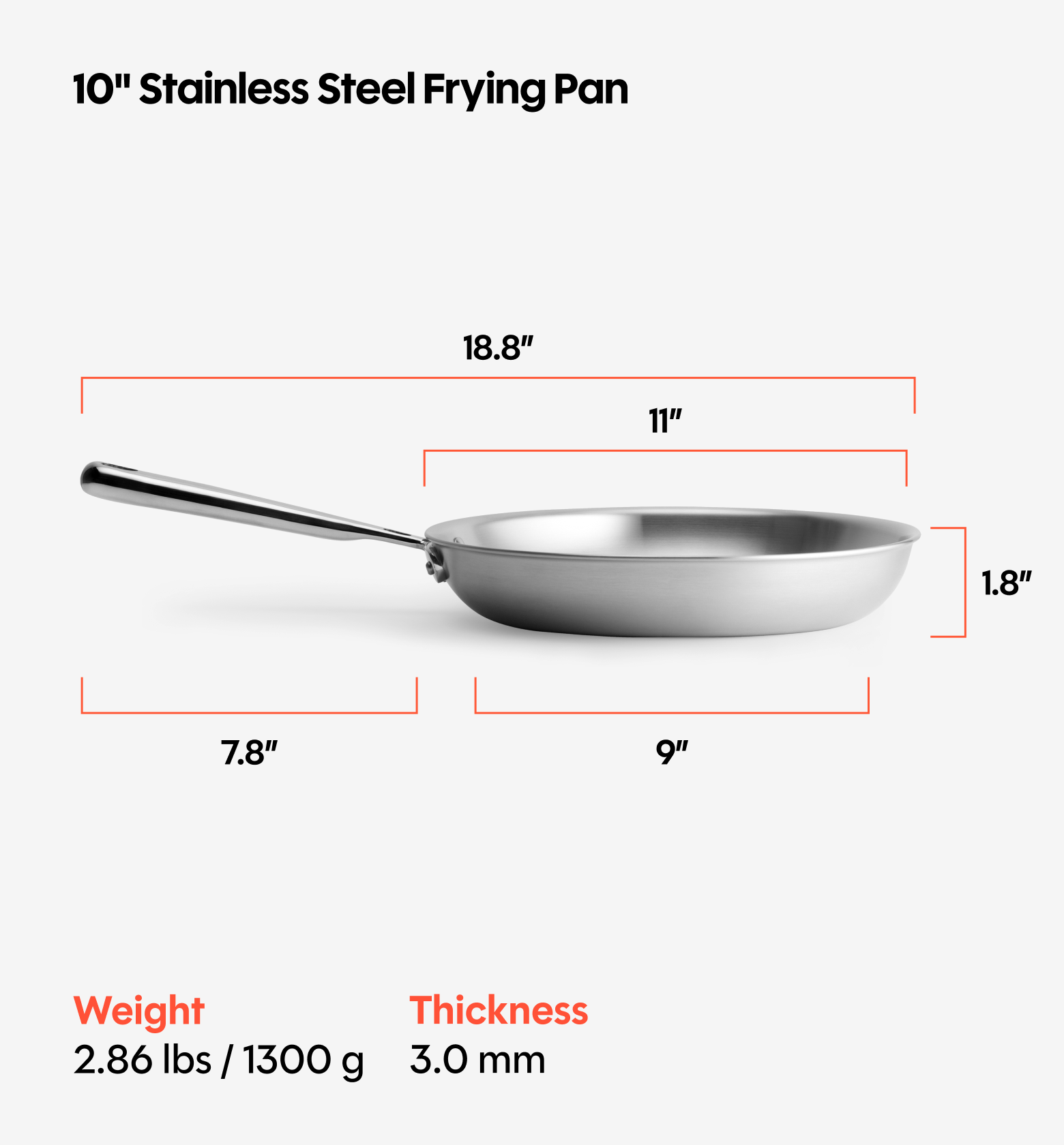 10 inch stainless steel frying pan dimensions: 18.8 inches total length, 11 inch diameter, 1.8 inch depth, 2.86 lbs, 3mm thick