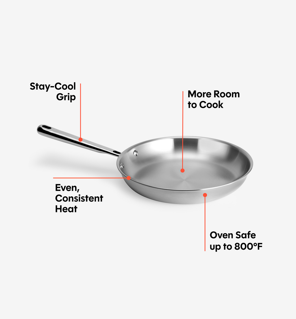 Stainless steel skillet with stay-cool grip, even heat distribution, oven safe to 800°F