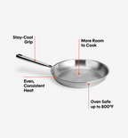 Stainless steel skillet with stay-cool grip, even heat distribution, oven safe to 800°F