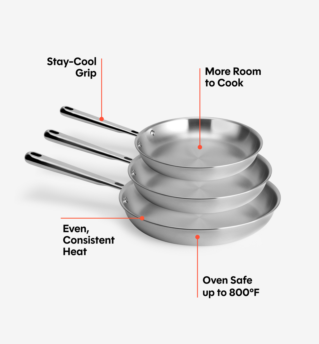 Stainless steel frying pan set with stay-cool grip, even heat distribution, oven safe to 800°F