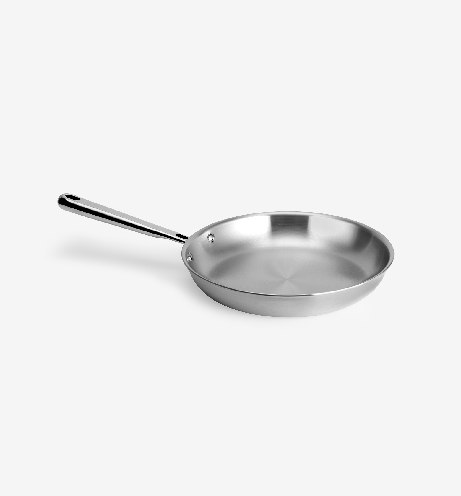 Stainless steel frying pan with long handle, polished silver finish