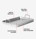 Stainless steel roasting pan with labeled features including easy-grip handles, even browning, and half-sheet rack compatibility