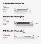 Stainless steel roasting pan size comparison chart showing 9-inch, 13-inch, and 18-inch dimensions, weight, and thickness specifications