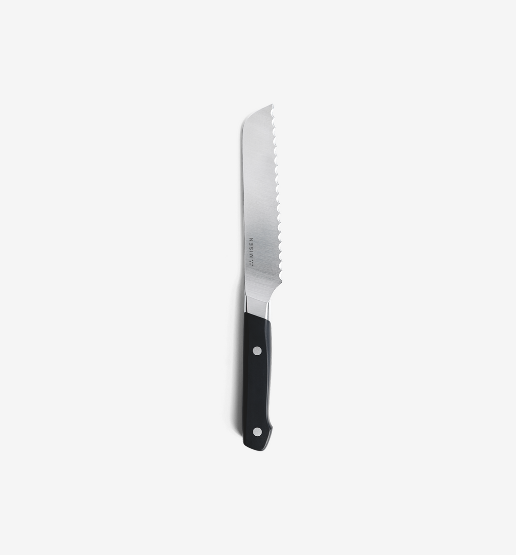 Misen serrated bread knife with black handle and stainless steel blade