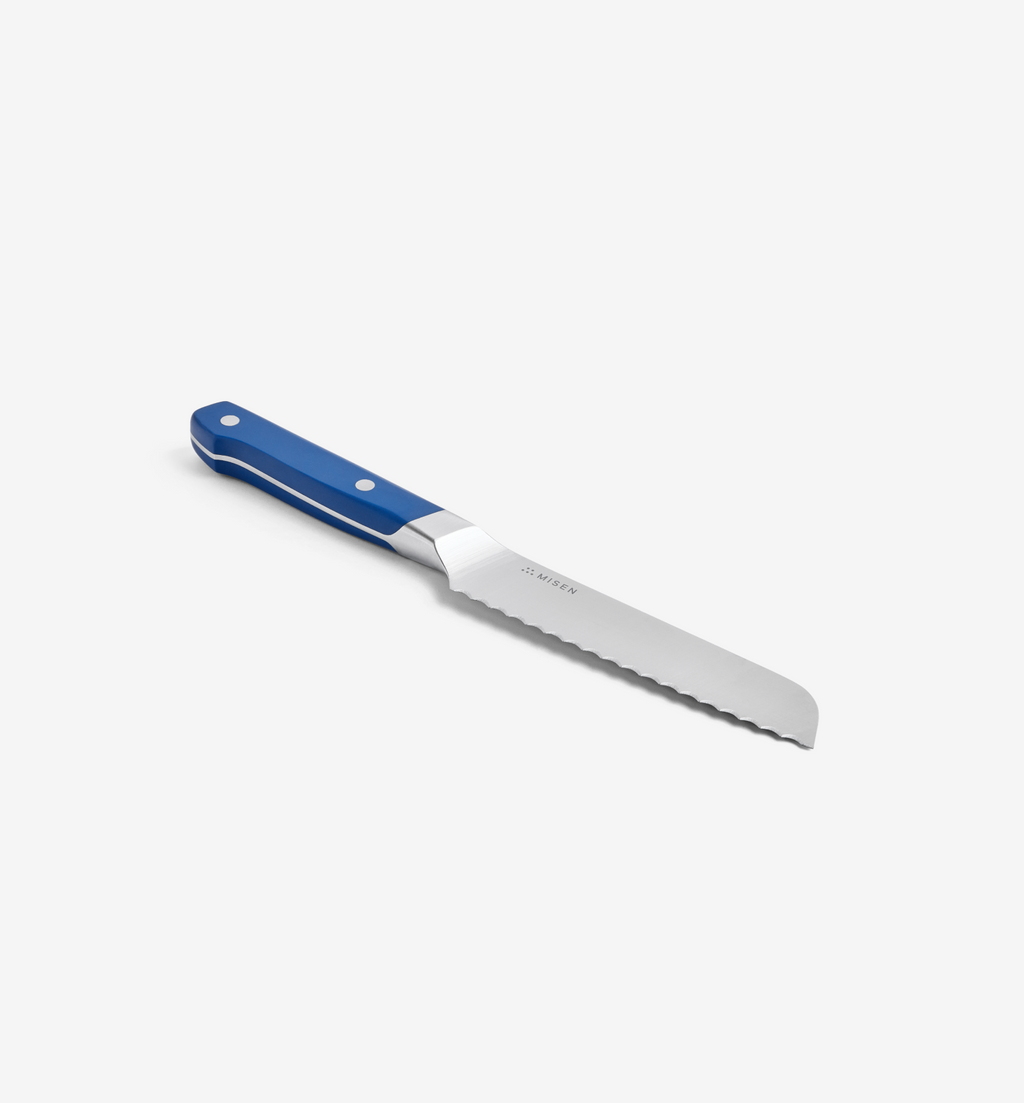 Misen serrated utility knife with blue handle, stainless steel blade