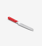 Misen serrated utility knife with red handle and stainless steel blade