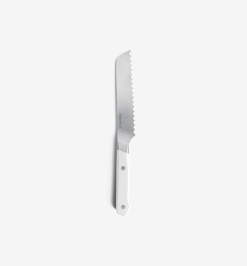 Misen serrated bread knife with white handle and stainless steel blade