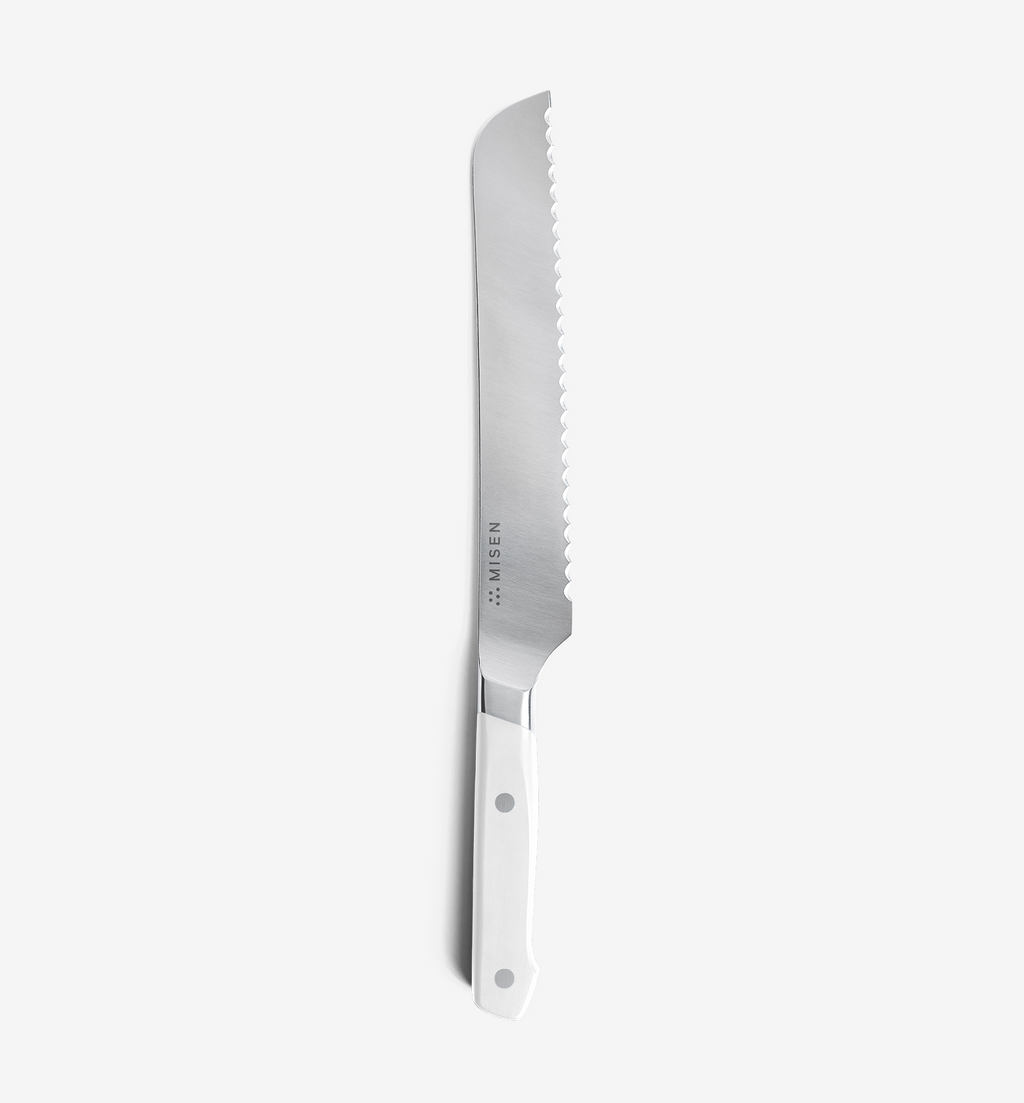 Misen serrated bread knife with white handle and stainless steel blade