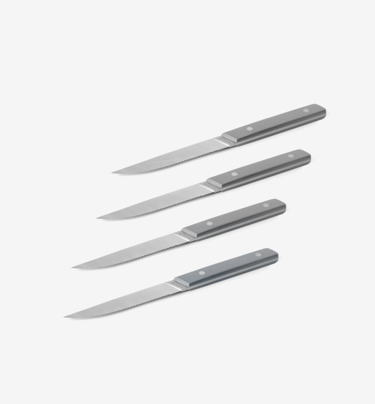 Set of 4 stainless steel serrated steak knives with gray handles