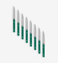 Set of 8 steak knives with teal green handles and serrated stainless steel blades