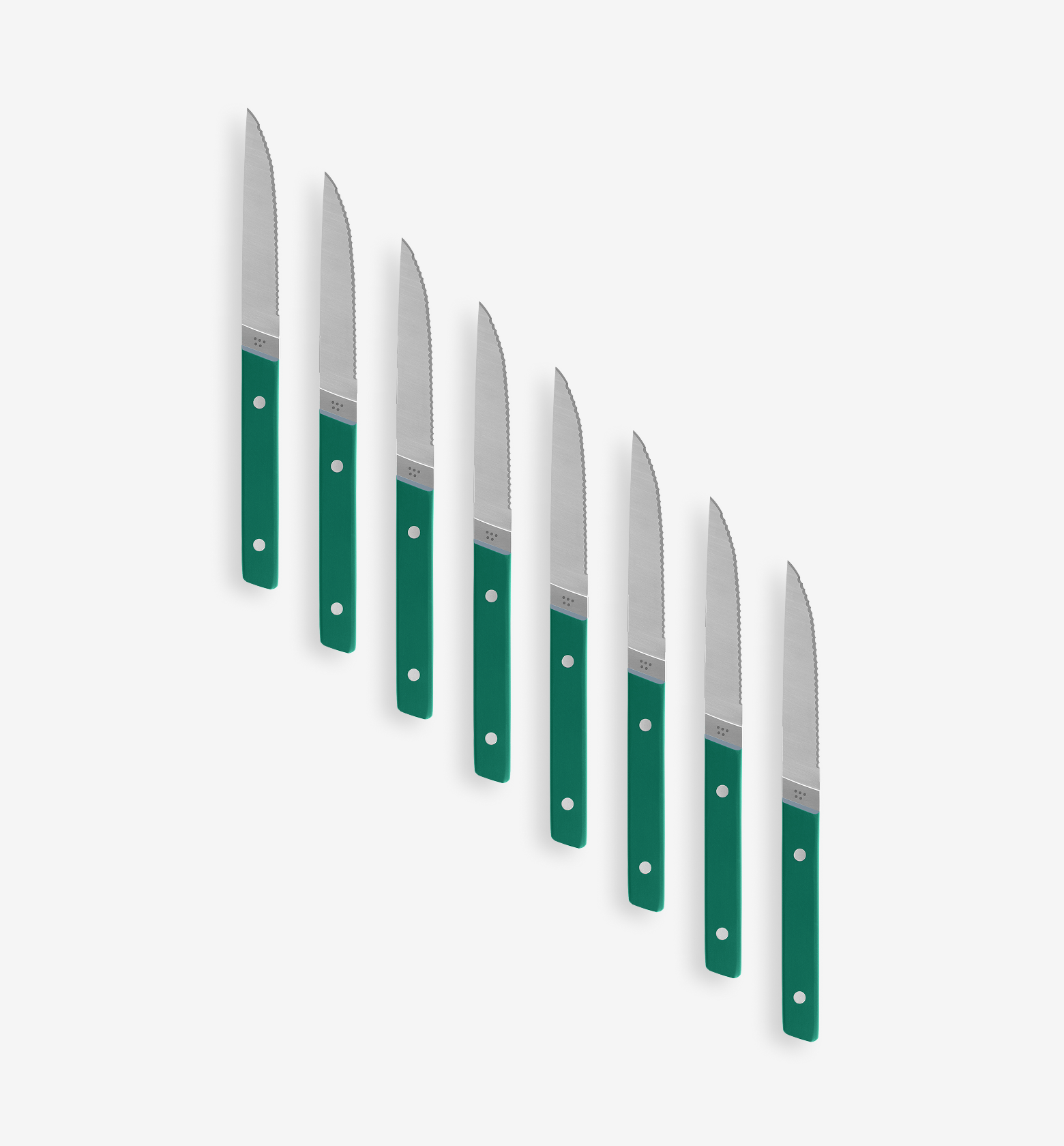 Set of 8 steak knives with teal green handles and serrated stainless steel blades