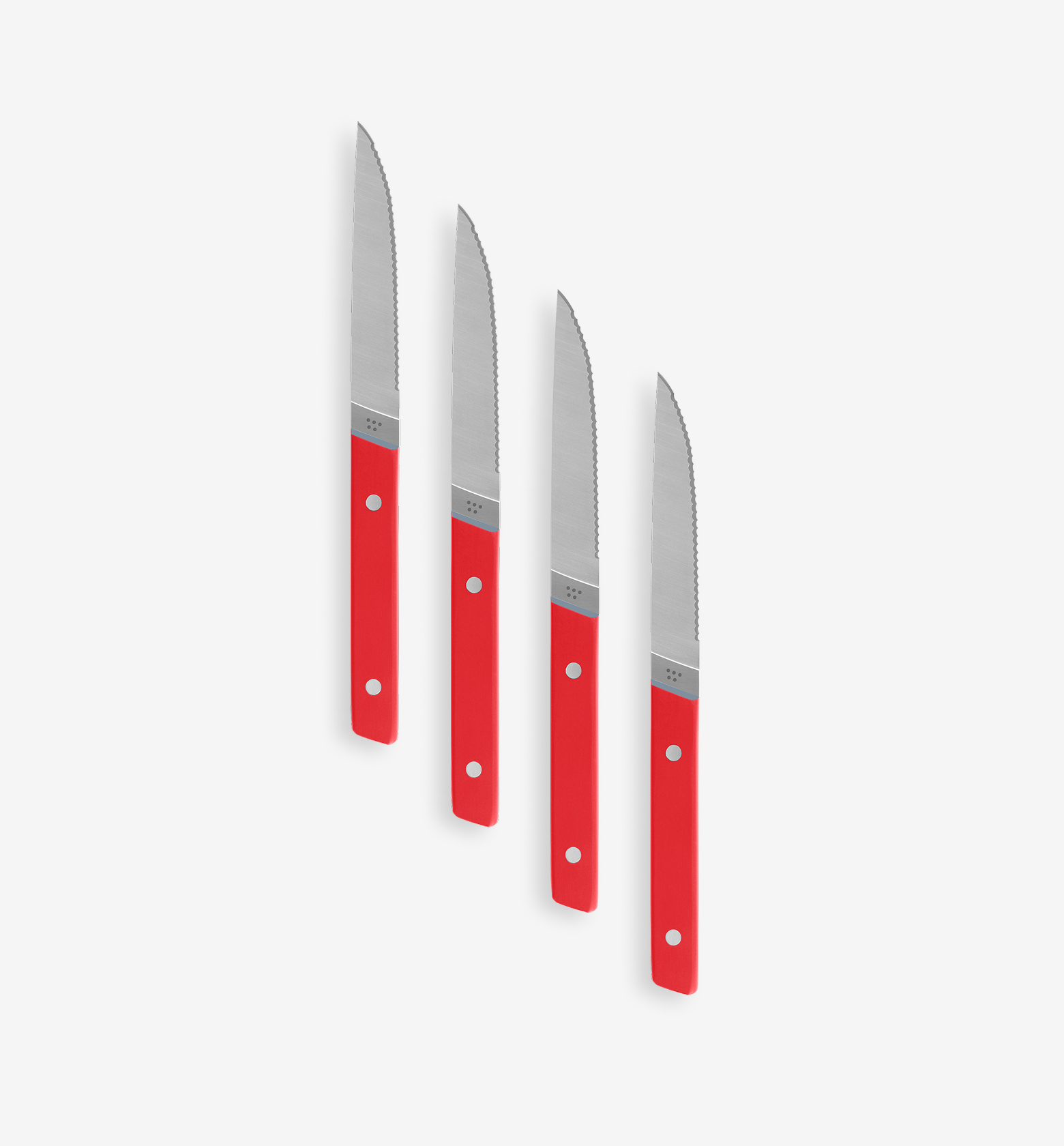 Set of 4 serrated steak knives with red handles and stainless steel blades