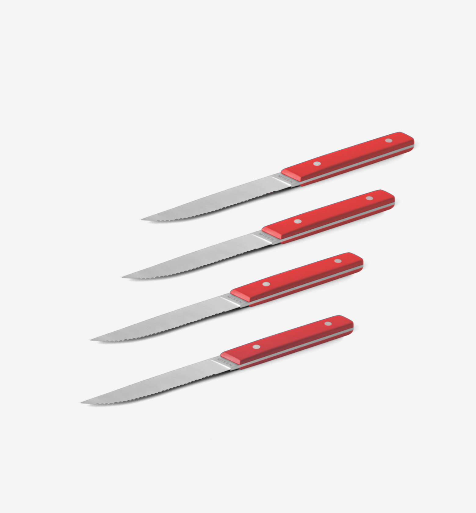 Set of 4 steak knives with red handles and serrated stainless steel blades