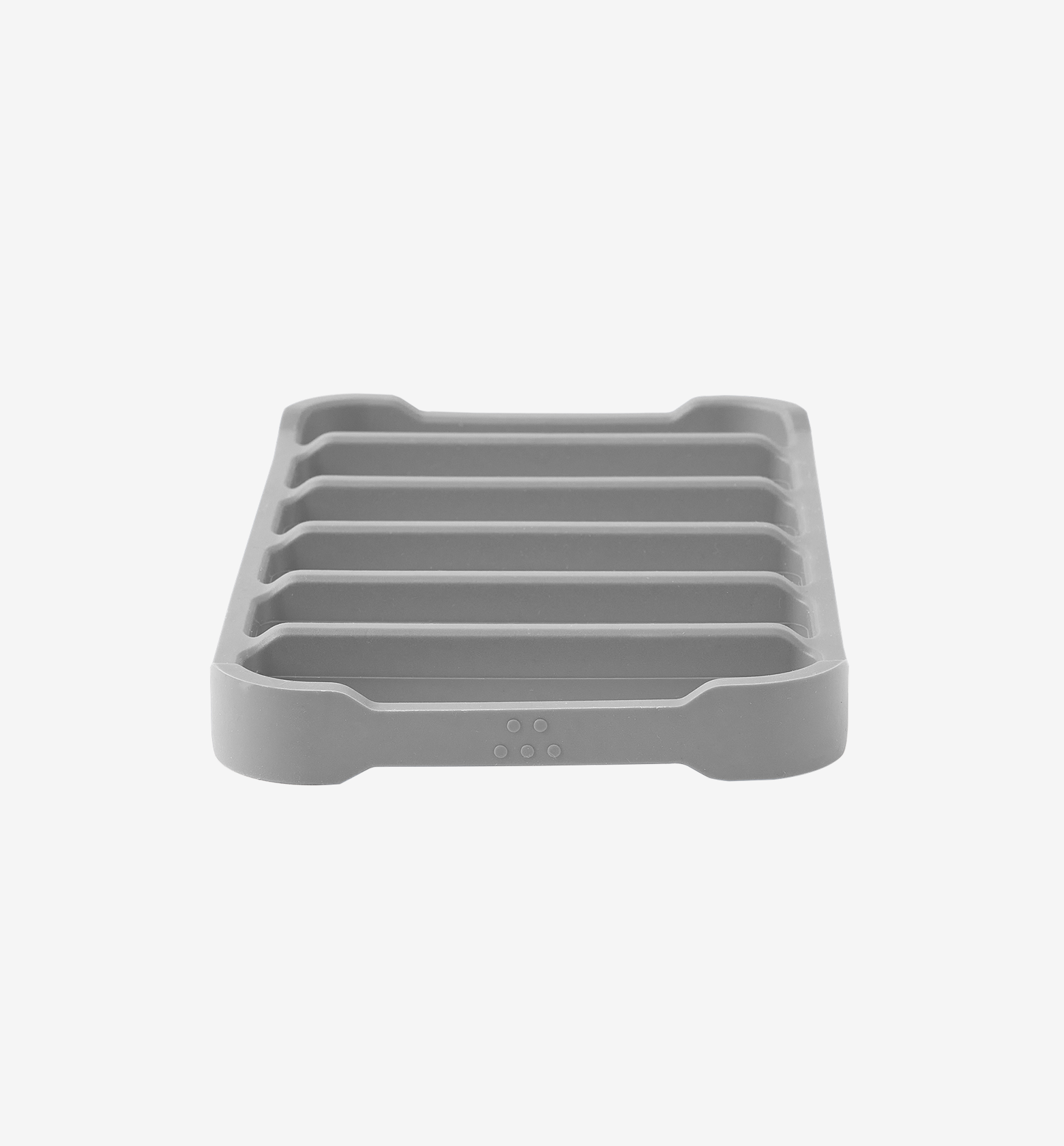 Gray silicone soap dish with ribbed drainage channels